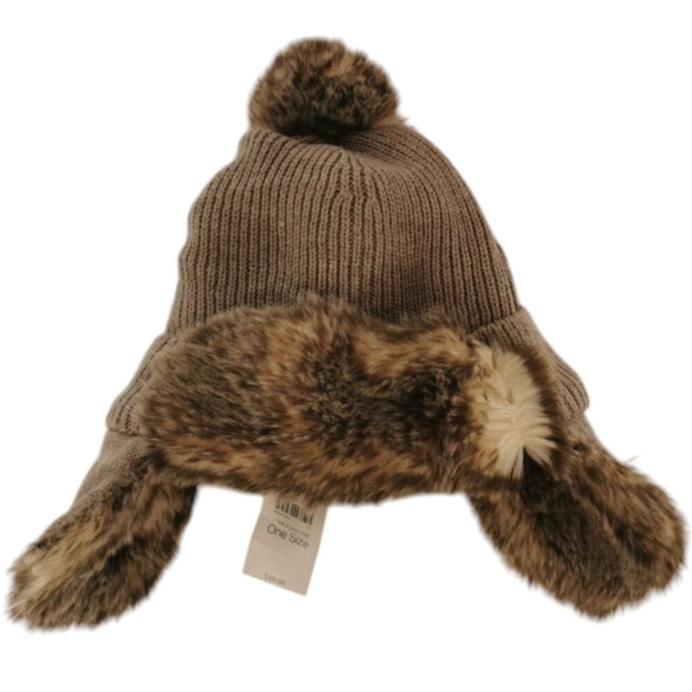 NWT J Jill Knit Trapper Hat with Faux Fur Trim in Light Mocha - OS